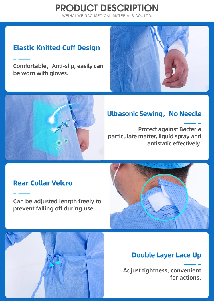 Blue Sterile Non-Woven Disposable Reinforced Surgical Gown