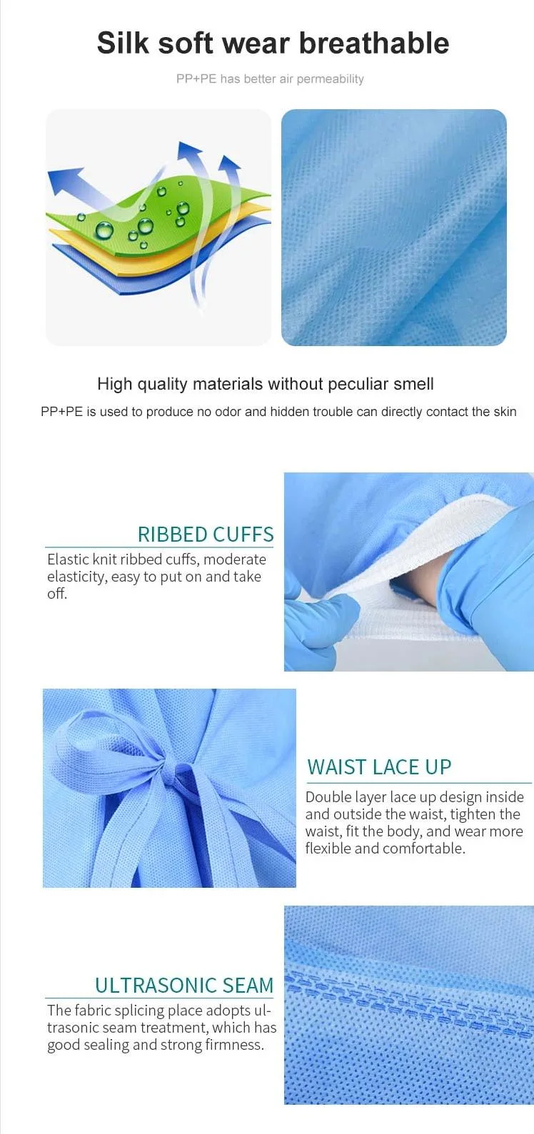 Factory Direct Supply Disposable Non-Woven Surgical Gown SMS Medical Isolation Gown One-Piece Protective Gown with Hood